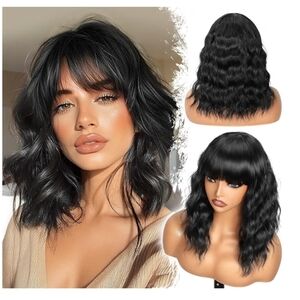 Elegant Black Wavy Hair Wig with Chic Bangs